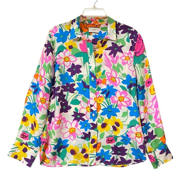 J.CREW Tops - J Crew Collection Silk Blouse Shirt 10 Multicolor Floral Button Up Glam Cottage